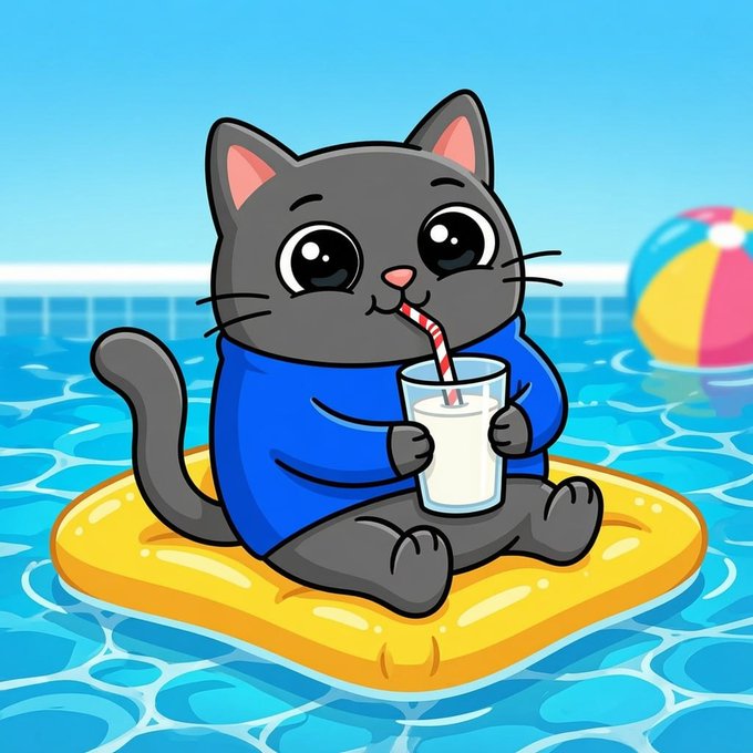 Smol Cat floating in a pool with a drink
