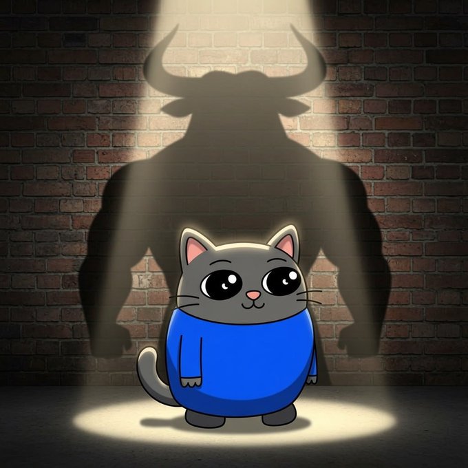 Smol Cat casting the shadow of a giant bull