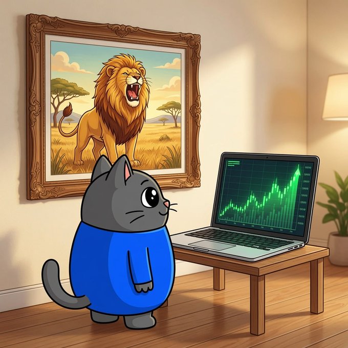 Smol Cat looking at a green chart with a lion painting on the wall